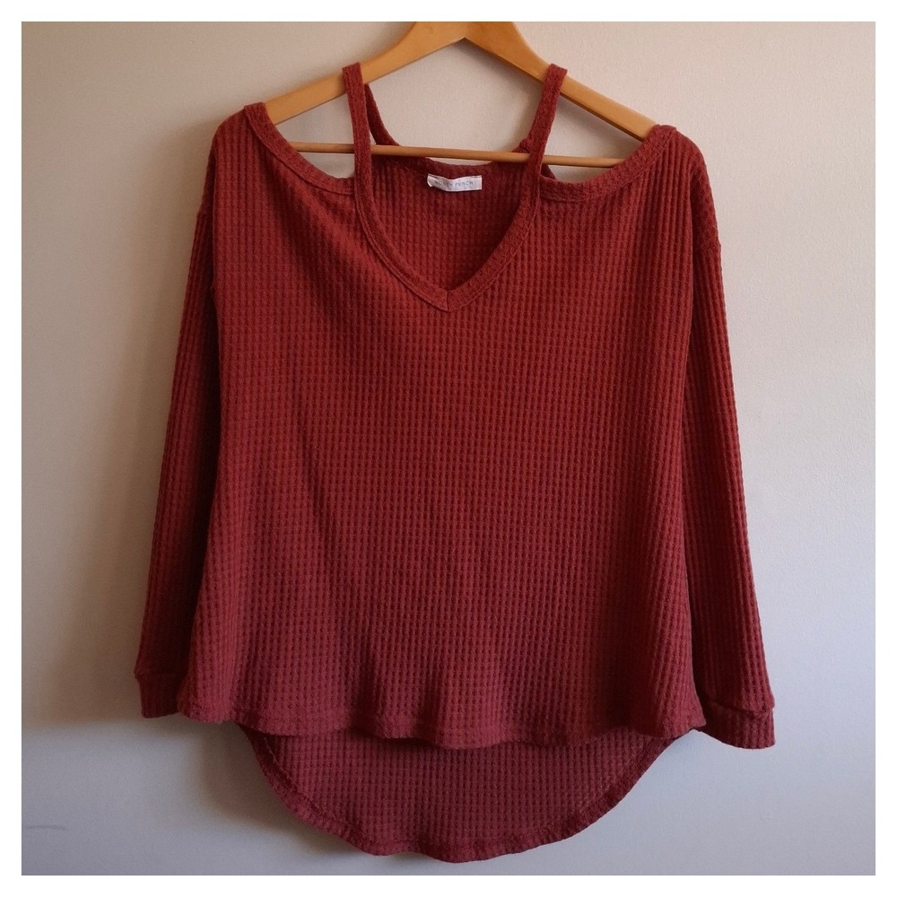 Witchy Whimsigoth Rust Waffle Knit Top Cold Shoulder Hi Low Y2K Boho Fall Sz S